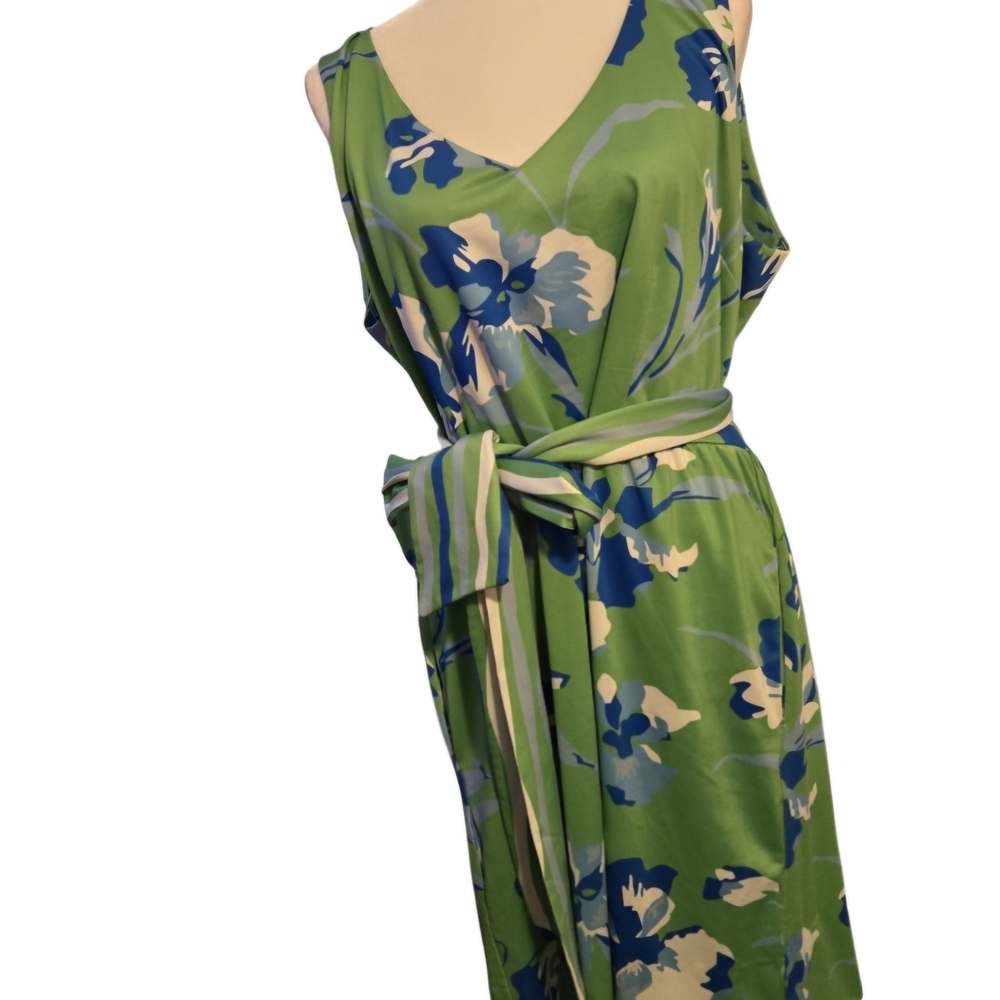 Gretchen Scott Designs Green Floral Wrap Midi Dress with Blue and Cream